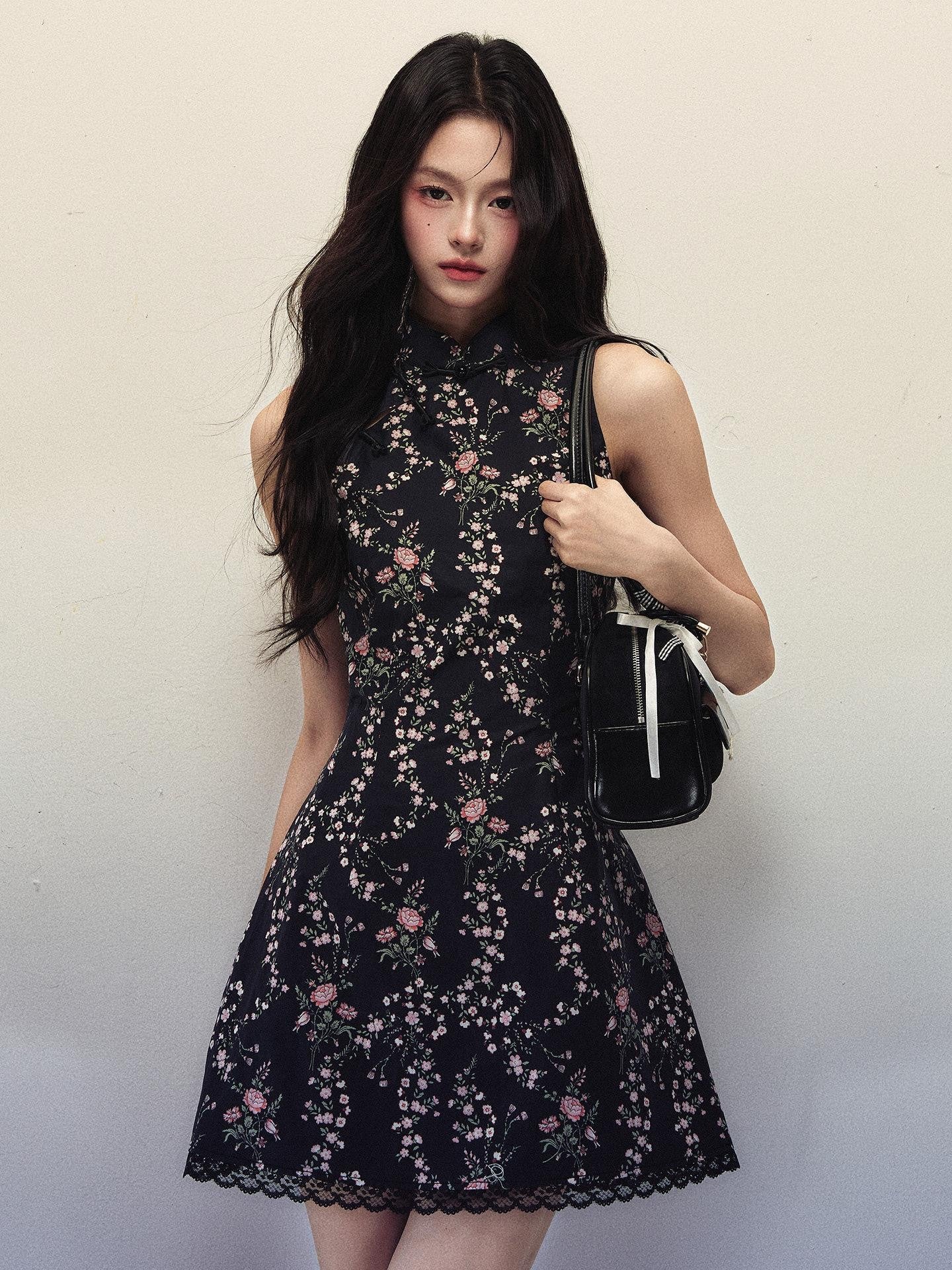 1P STUDIO Floral Frog Button Mandarin Collar Ruffle Cheongsam Women&