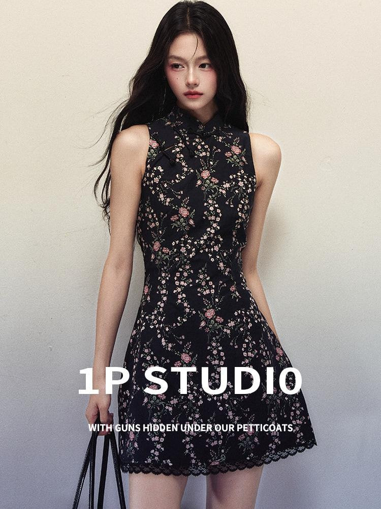 1P STUDIO Floral Frog Button Mandarin Collar Ruffle Cheongsam Women&