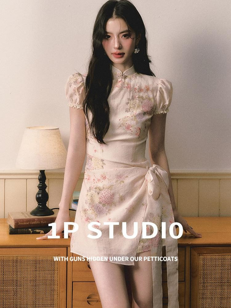 1P STUDIO Floral Jacquard Puff Sleeve Butterfly Bow A Line Women&