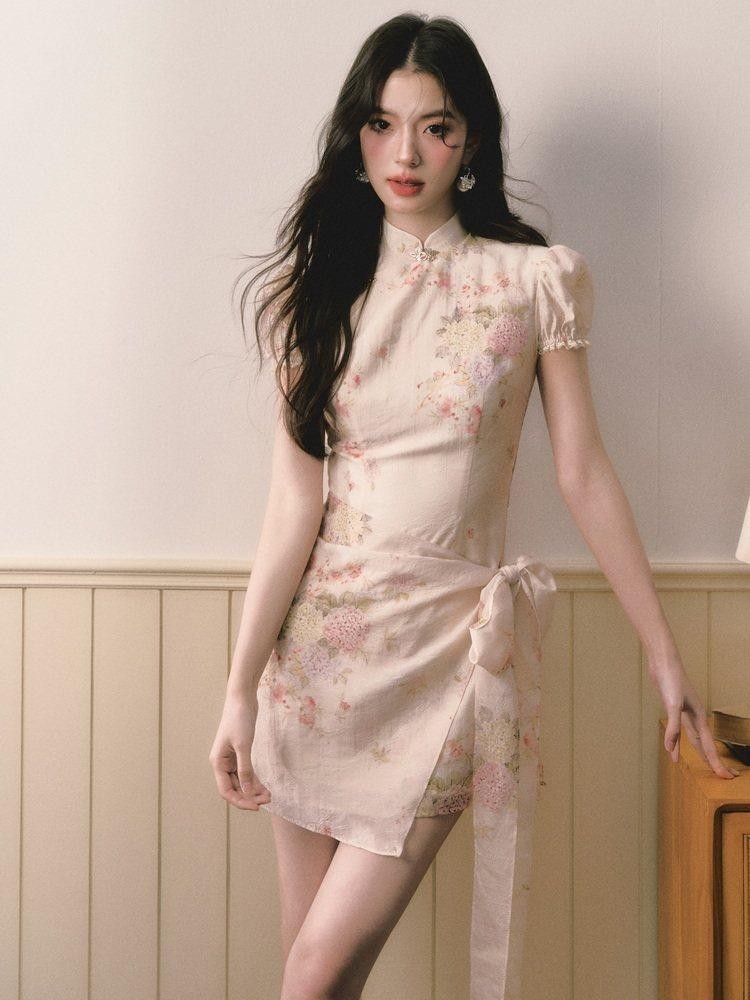 1P STUDIO Floral Jacquard Puff Sleeve Butterfly Bow A Line Women&