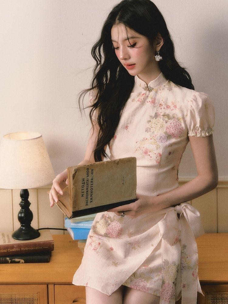 1P STUDIO Floral Jacquard Puff Sleeve Butterfly Bow A Line Women&