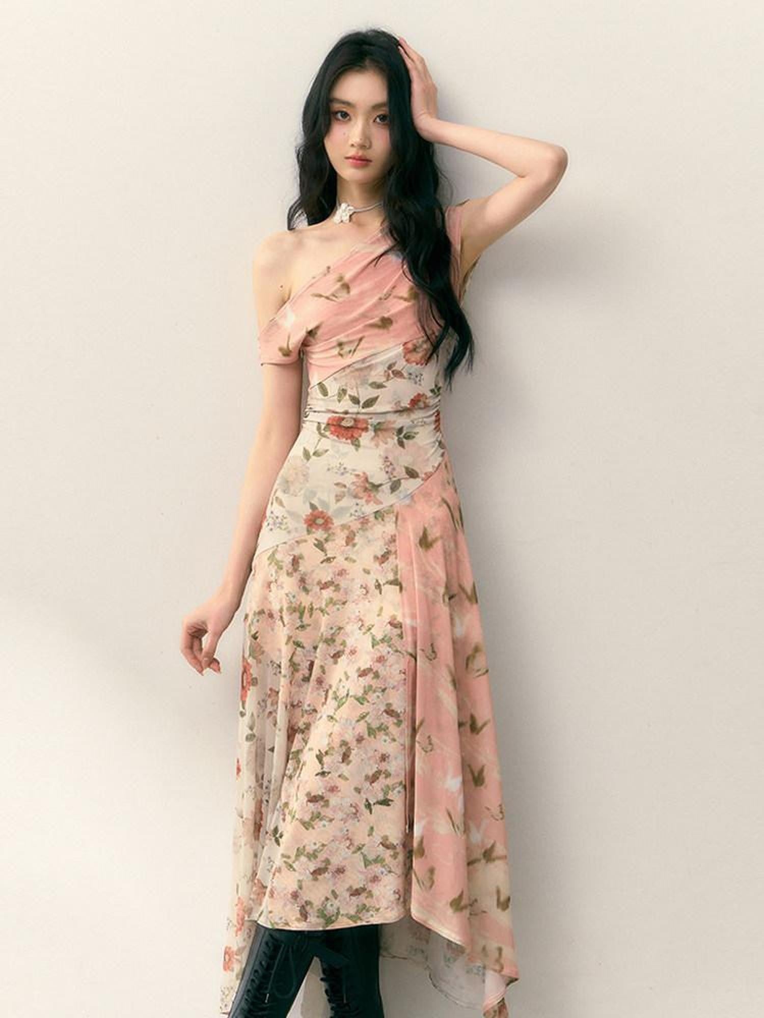 1P STUDIO Floral Print Asymmetric One Shoulder Spliced Women&