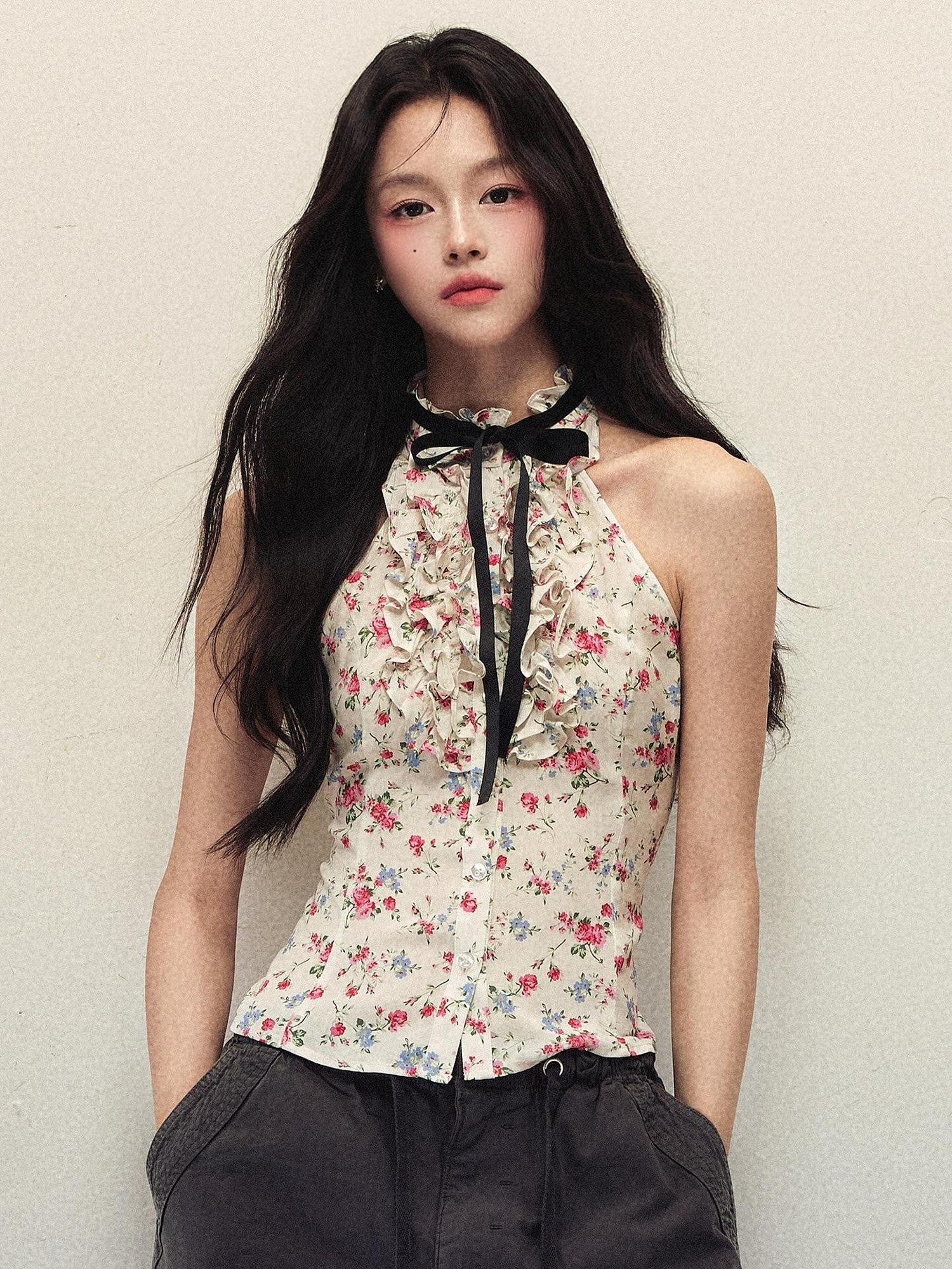 1P STUDIO Floral Print Bow Tie Ruffle Short Fitted Women&