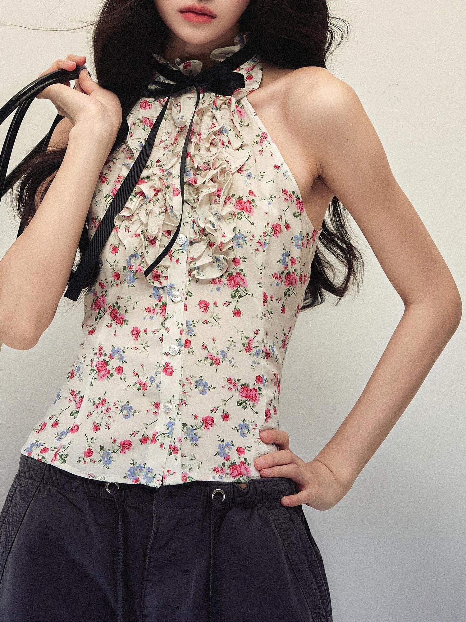1P STUDIO Floral Print Bow Tie Ruffle Short Fitted Women&