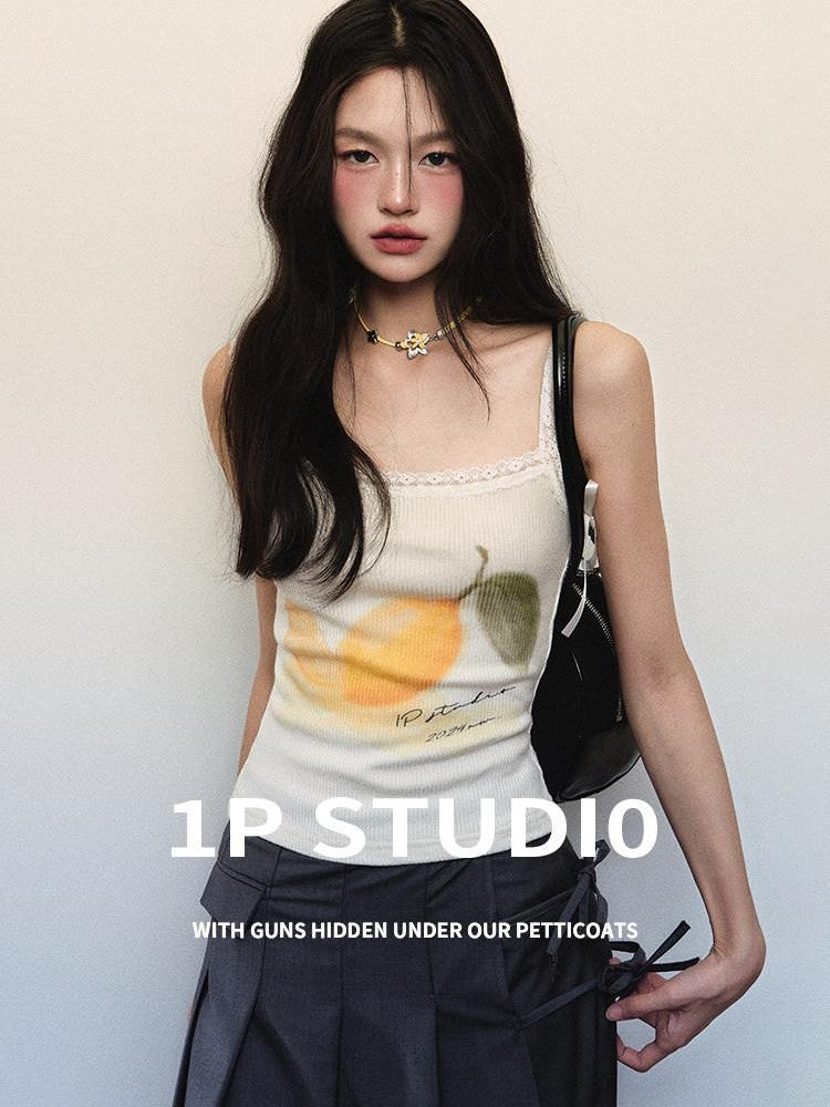 1P STUDIO Floral Rib Knit Tank Faux Two Piece Straight Pants Women&