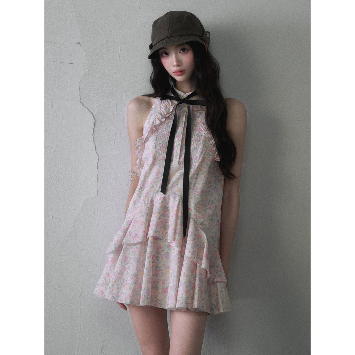 1P_STUDIO_Floral_Ruffle_Tie_Bow_Sleeveless_Shirt_Collar_Women&