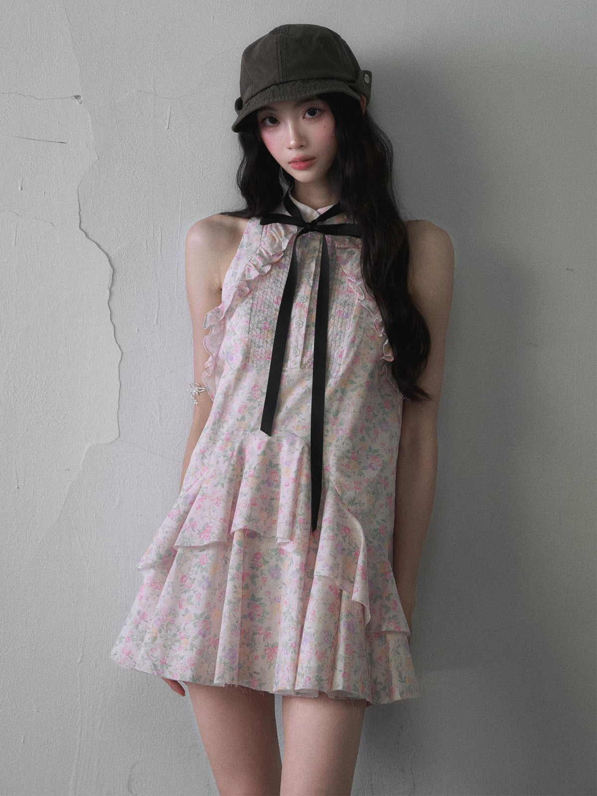 1P STUDIO Floral Ruffle Tie Bow Sleeveless Shirt Collar Women&