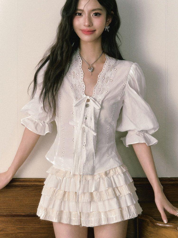 1P STUDIO French V-neck Puff Sleeve Tie Bow Cutout Cotton Women&