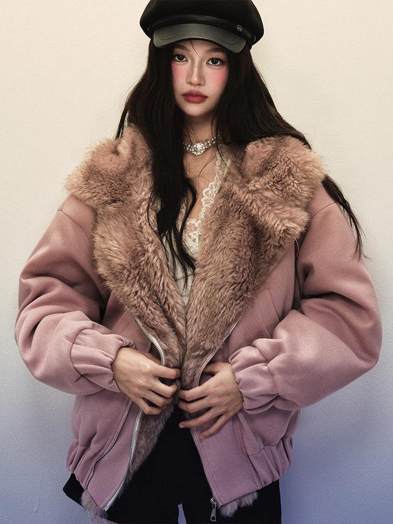 1P STUDIO Gray Pink Large Lapel Loose Fluffy Women&