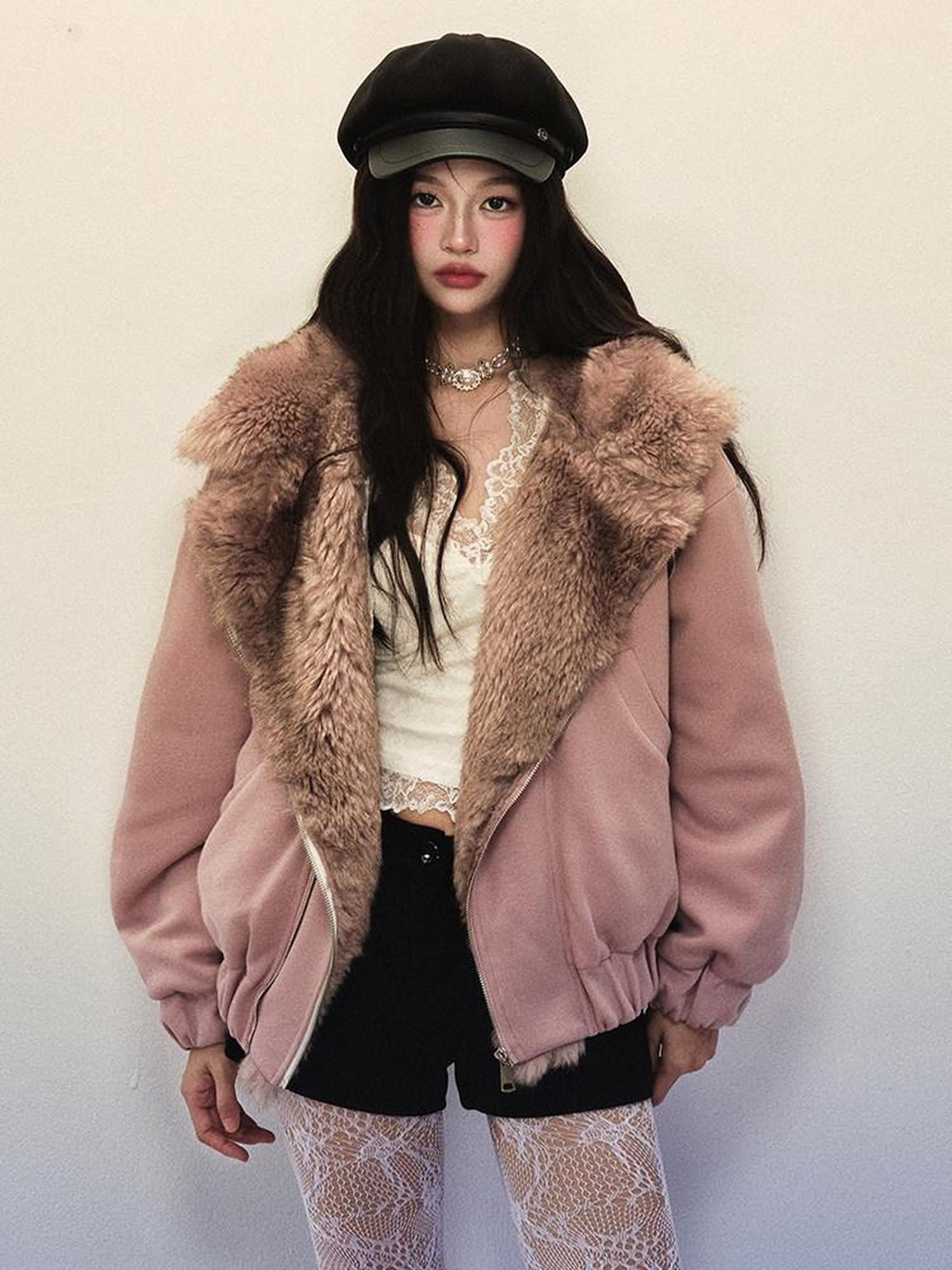 1P STUDIO Gray Pink Large Lapel Loose Fluffy Women&