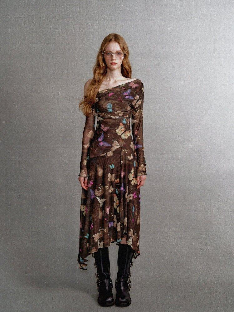 1P STUDIO Khaki Butterfly Print Asymmetric One Shoulder Women&