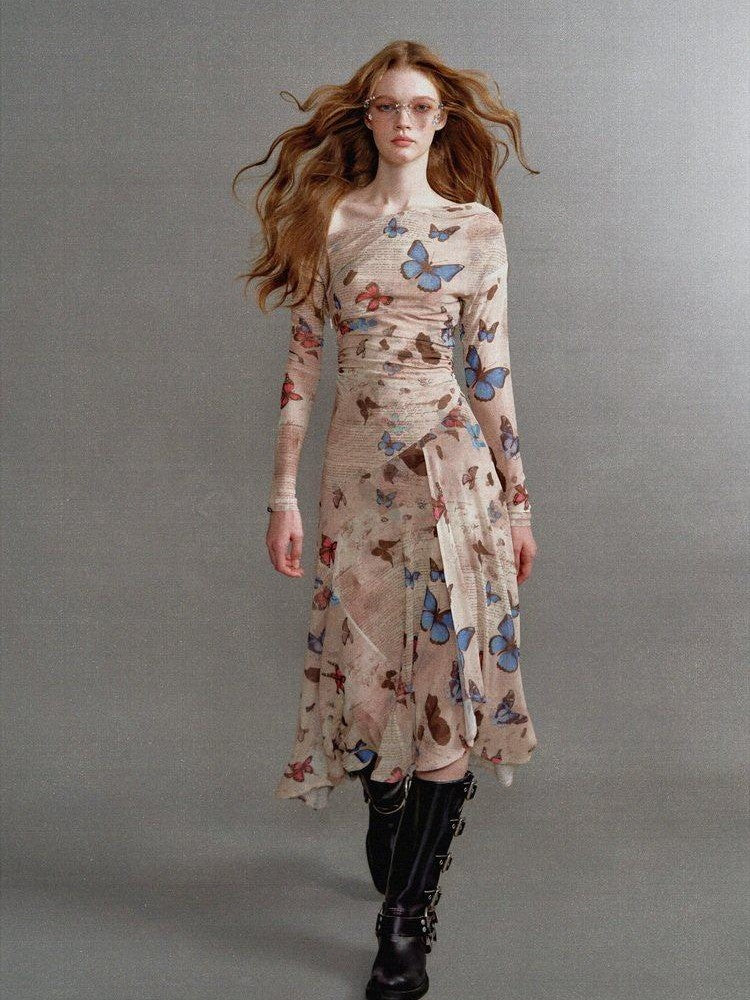 1P STUDIO Khaki Butterfly Print Asymmetric One Shoulder Women&