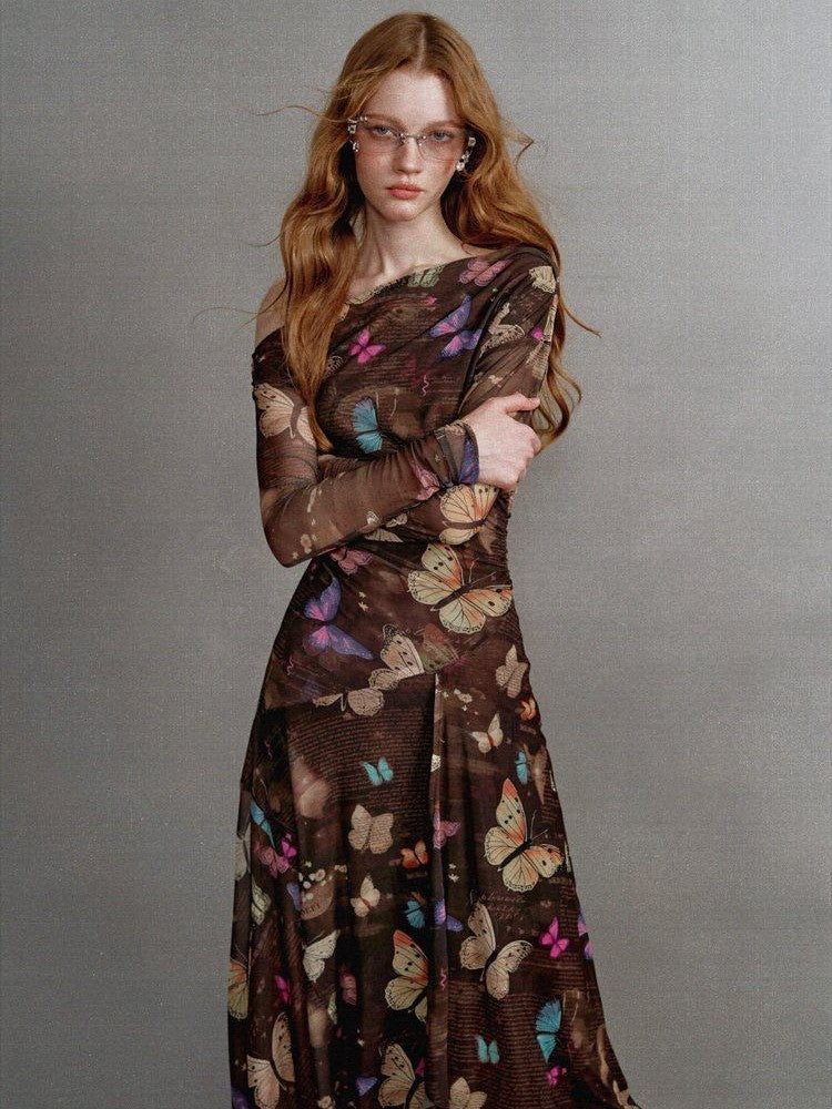 1P STUDIO Khaki Butterfly Print Asymmetric One Shoulder Women&