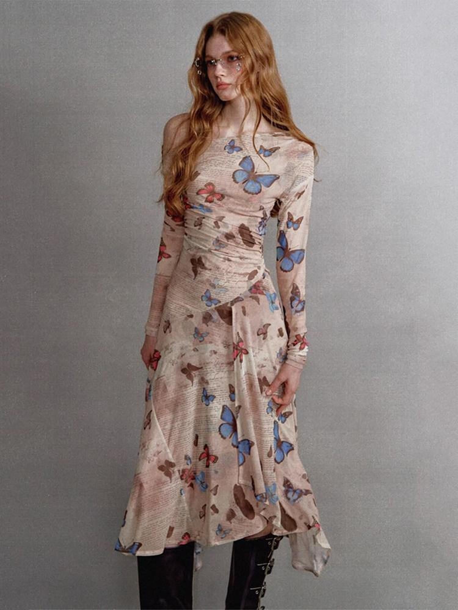 1P STUDIO Khaki Butterfly Print Asymmetric One Shoulder Women&