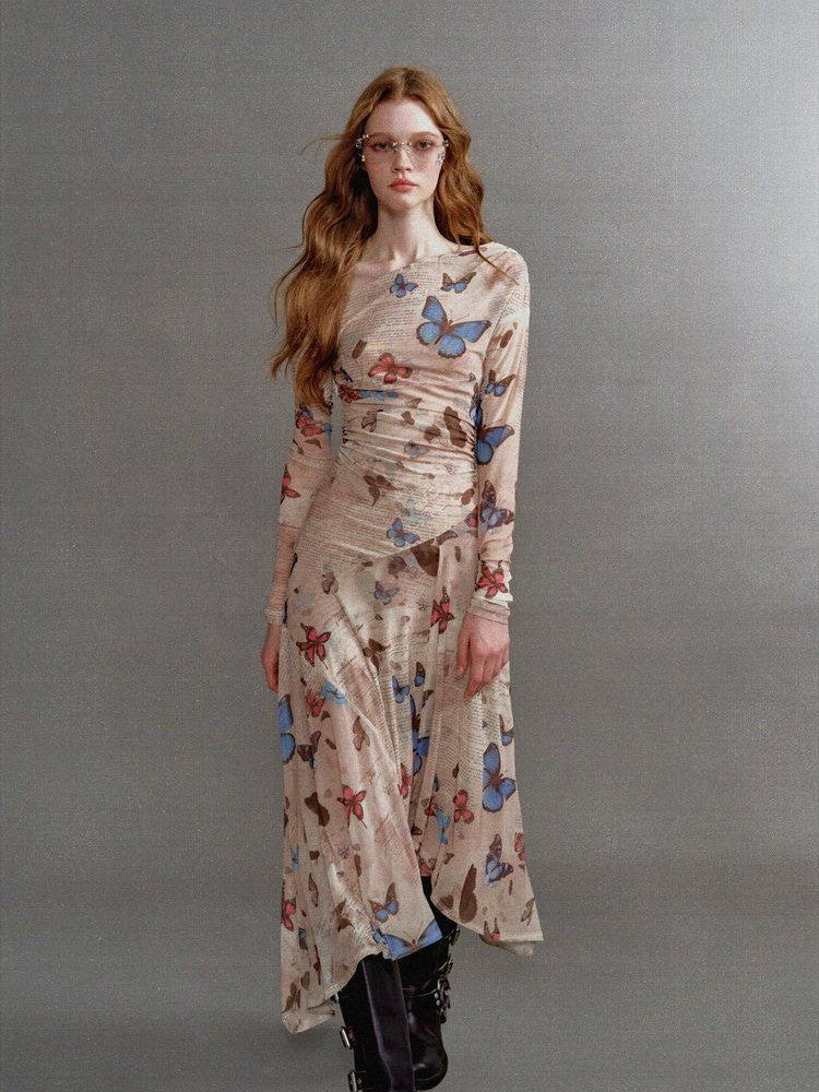 1P STUDIO Khaki Butterfly Print Asymmetric One Shoulder Women&