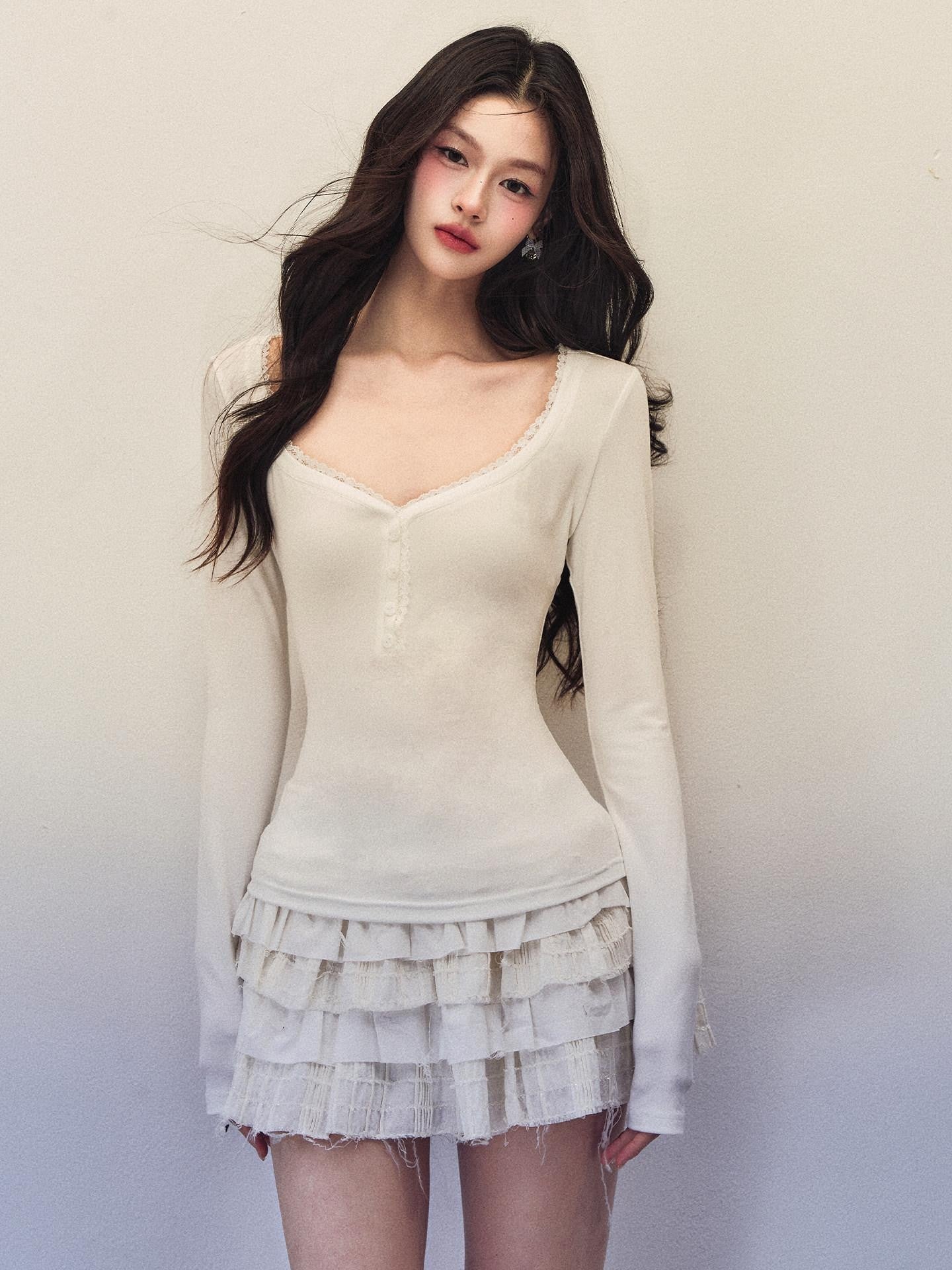 1P STUDIO Lace Trim Henley Collar Women&