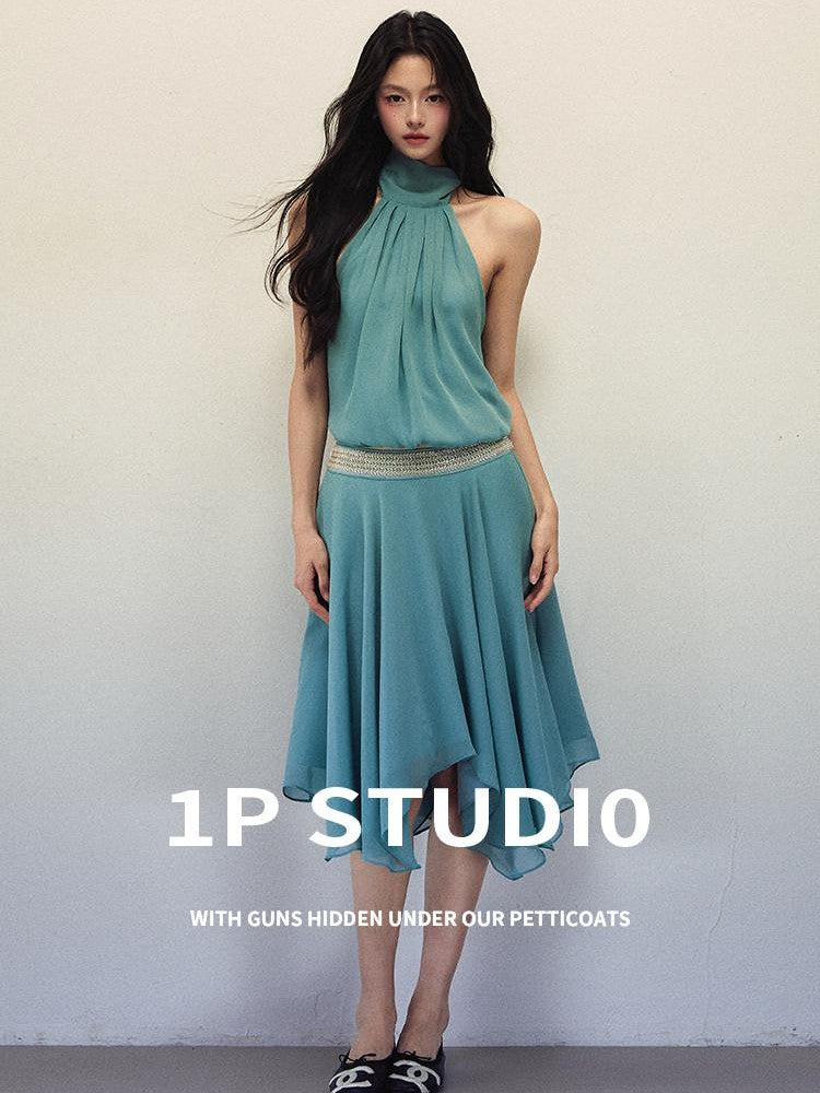 1P STUDIO Lake Blue Asymmetric Halter High Waist Women&