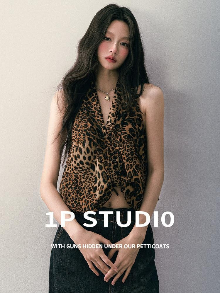 1P STUDIO Leopard Print V-neck Asymmetric Knot Slim Cropped Women&