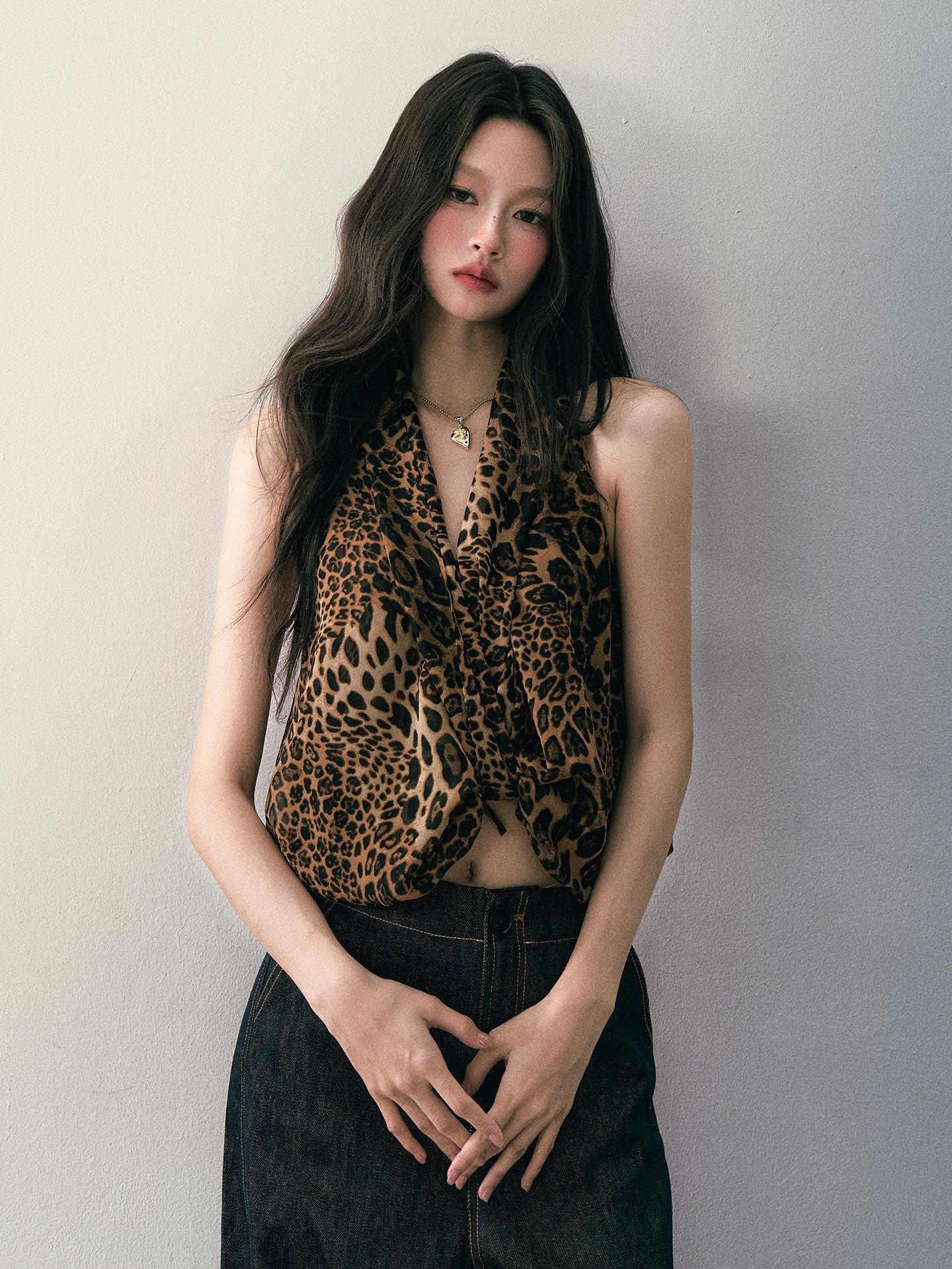 1P STUDIO Leopard Print V-neck Asymmetric Knot Slim Cropped Women&