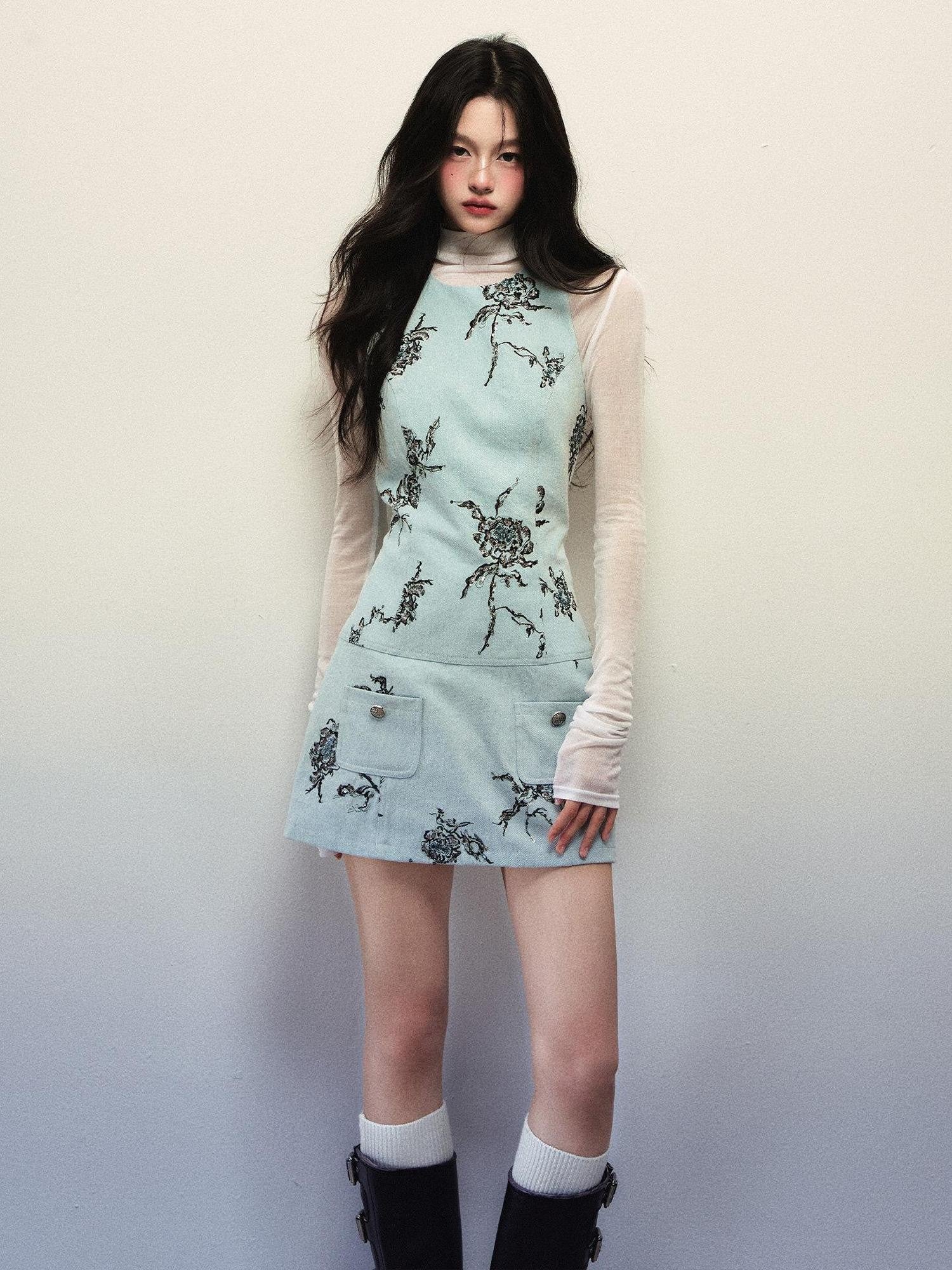 1P STUDIO Light Blue Rose Embroidered Vest Women&