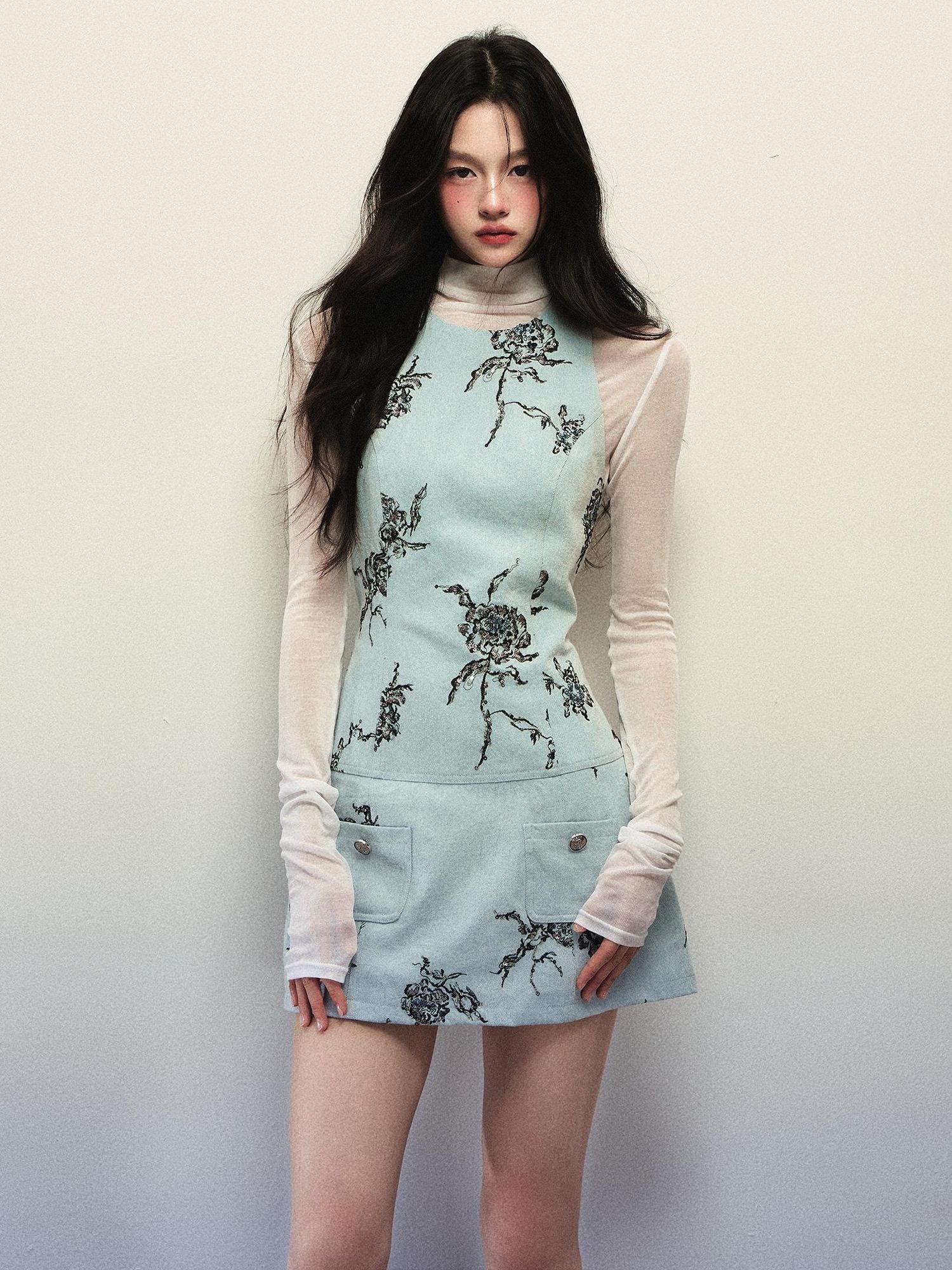 1P STUDIO Light Blue Rose Embroidered Vest Women&