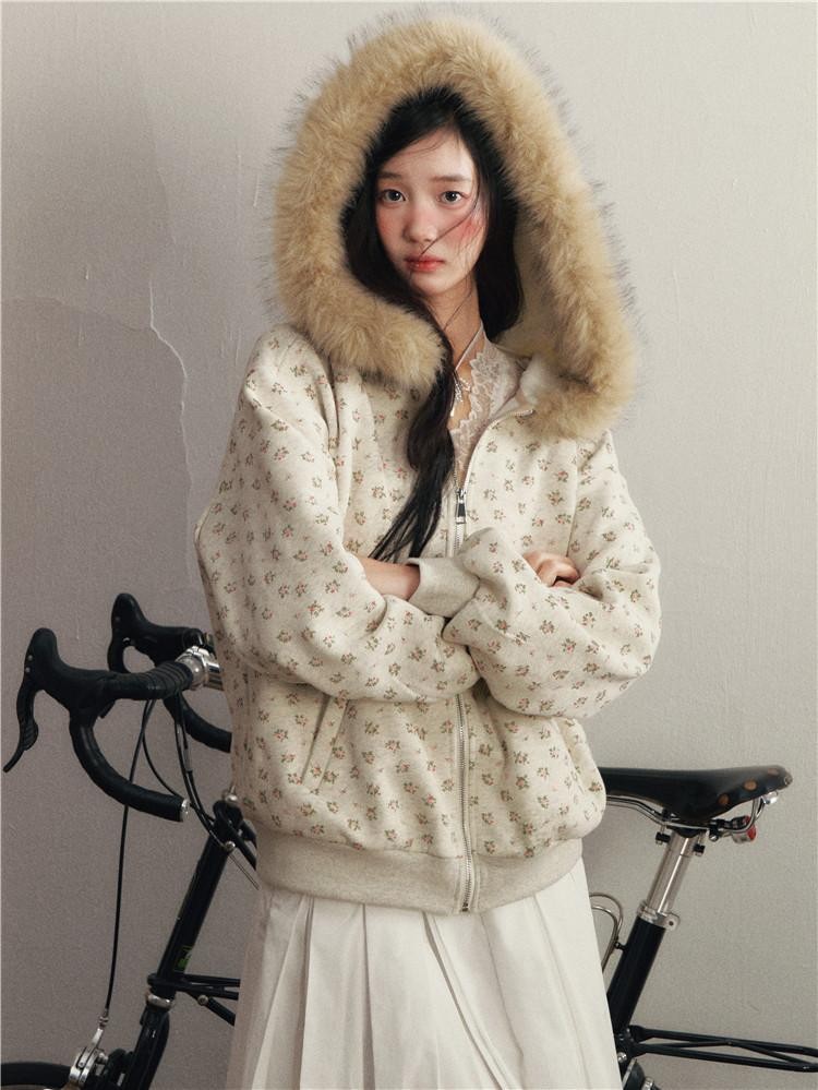 1P STUDIO Light Gray Floral Faux Fur Hood Oversized Pockets Women&