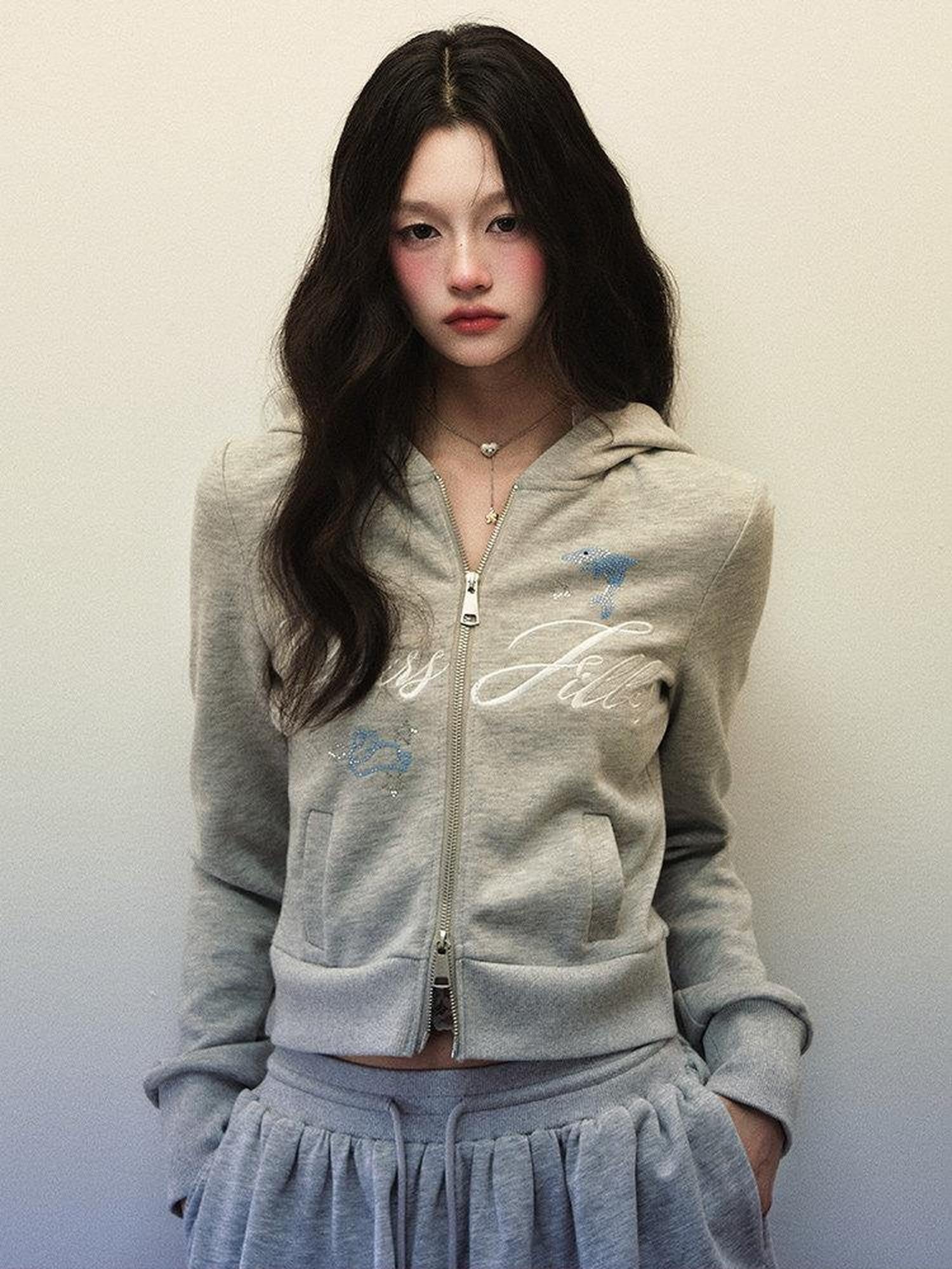 1P STUDIO Light Gray Letter Embroidered Hooded Zip Aline Skirt Women&