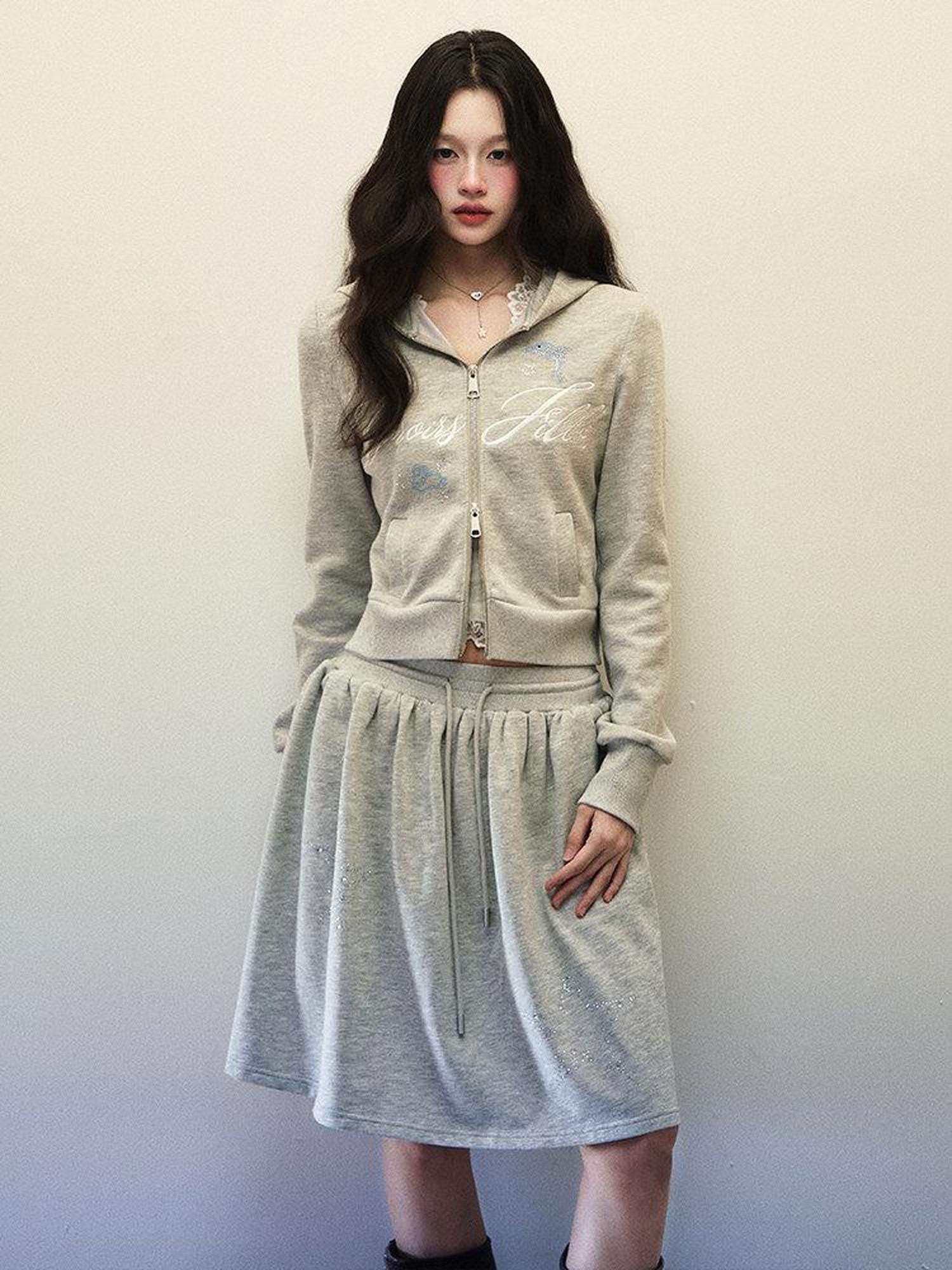 1P STUDIO Light Gray Letter Embroidered Hooded Zip Aline Skirt Women&