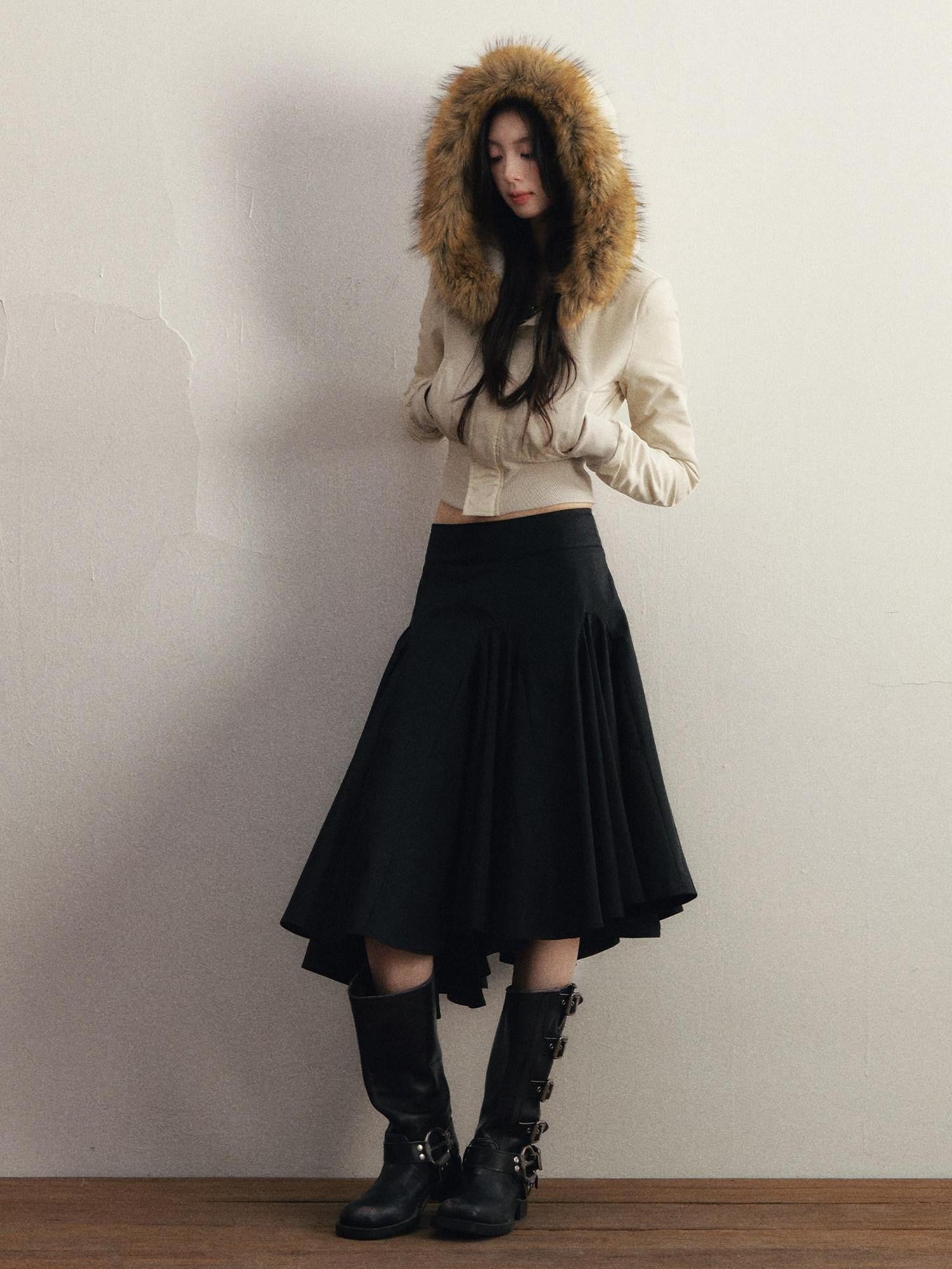1P STUDIO Light Grey Faux Mink Fur Hood Cinched Waist Women&