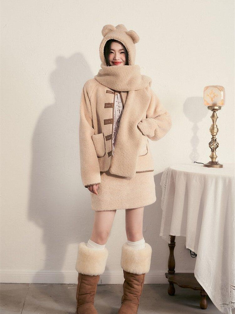 1P STUDIO Milk White Faux Fur Trim Fluffy Women&