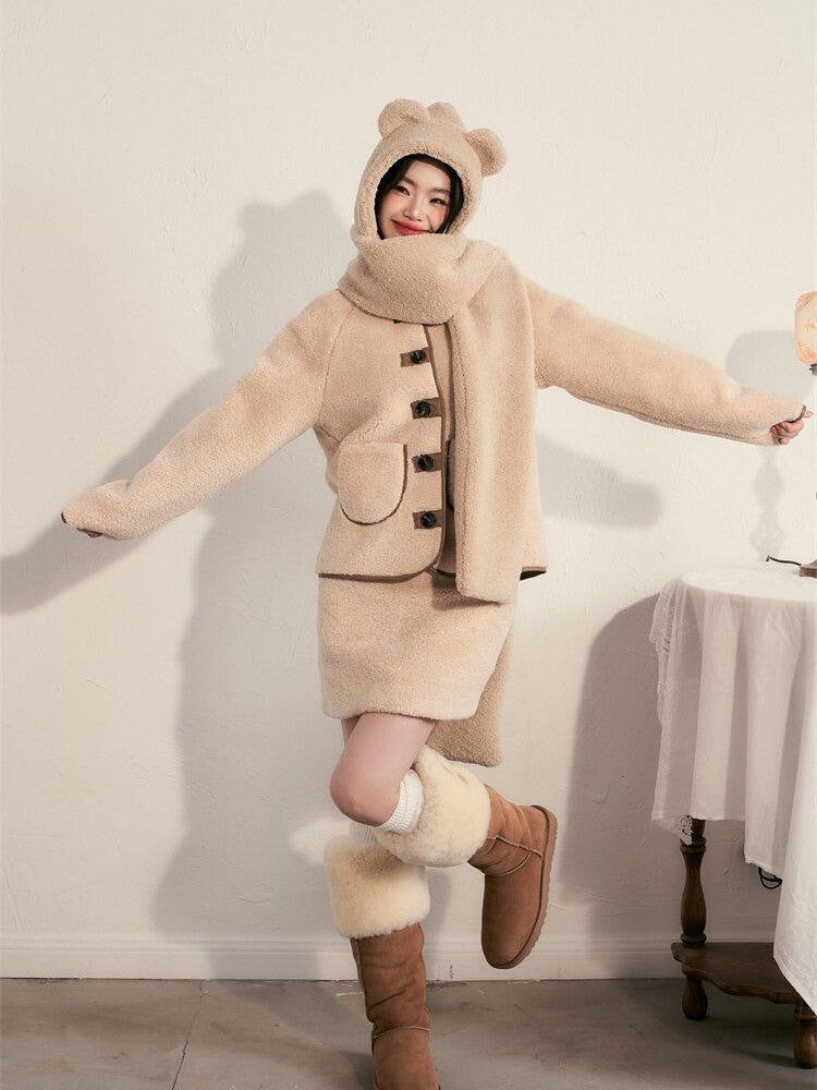 1P STUDIO Milk White Faux Fur Trim Fluffy Women&