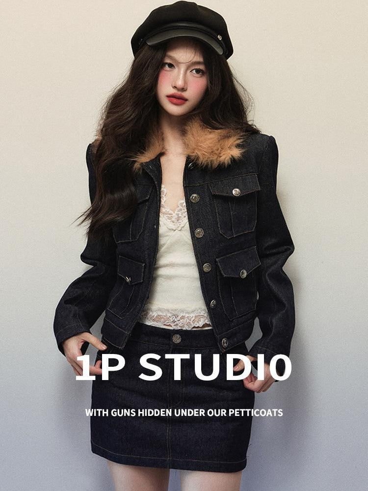 1P STUDIO Navy Fur Collar Contrast Jacket Pencil Skirt Women&