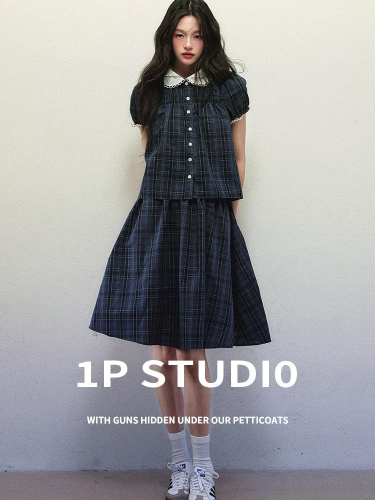 1P STUDIO Navy Plaid Doll Collar Short Sleeve Pleated Skirt Women&