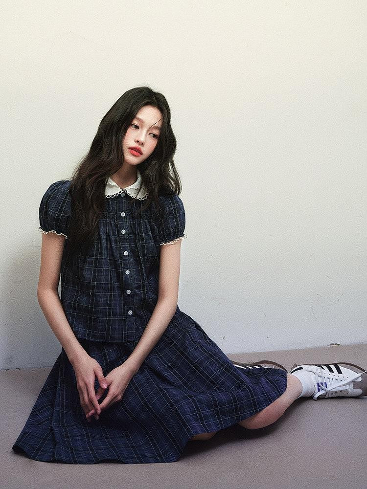 1P STUDIO Navy Plaid Doll Collar Short Sleeve Pleated Skirt Women&