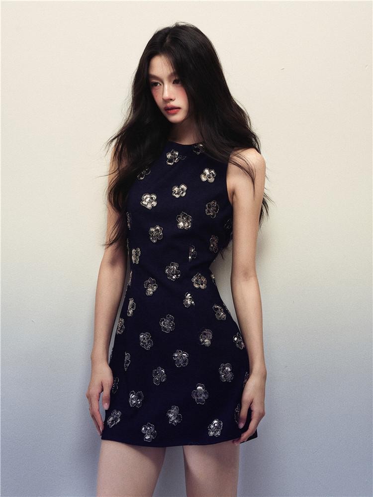 1P STUDIO Navy Sequin Floral Sleeveless A Line Slim Waist Women&