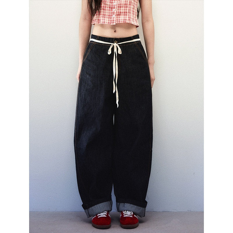 1P_STUDIO_Navy_Structured_High_Waist_Loose_Tie_Detail_Women&