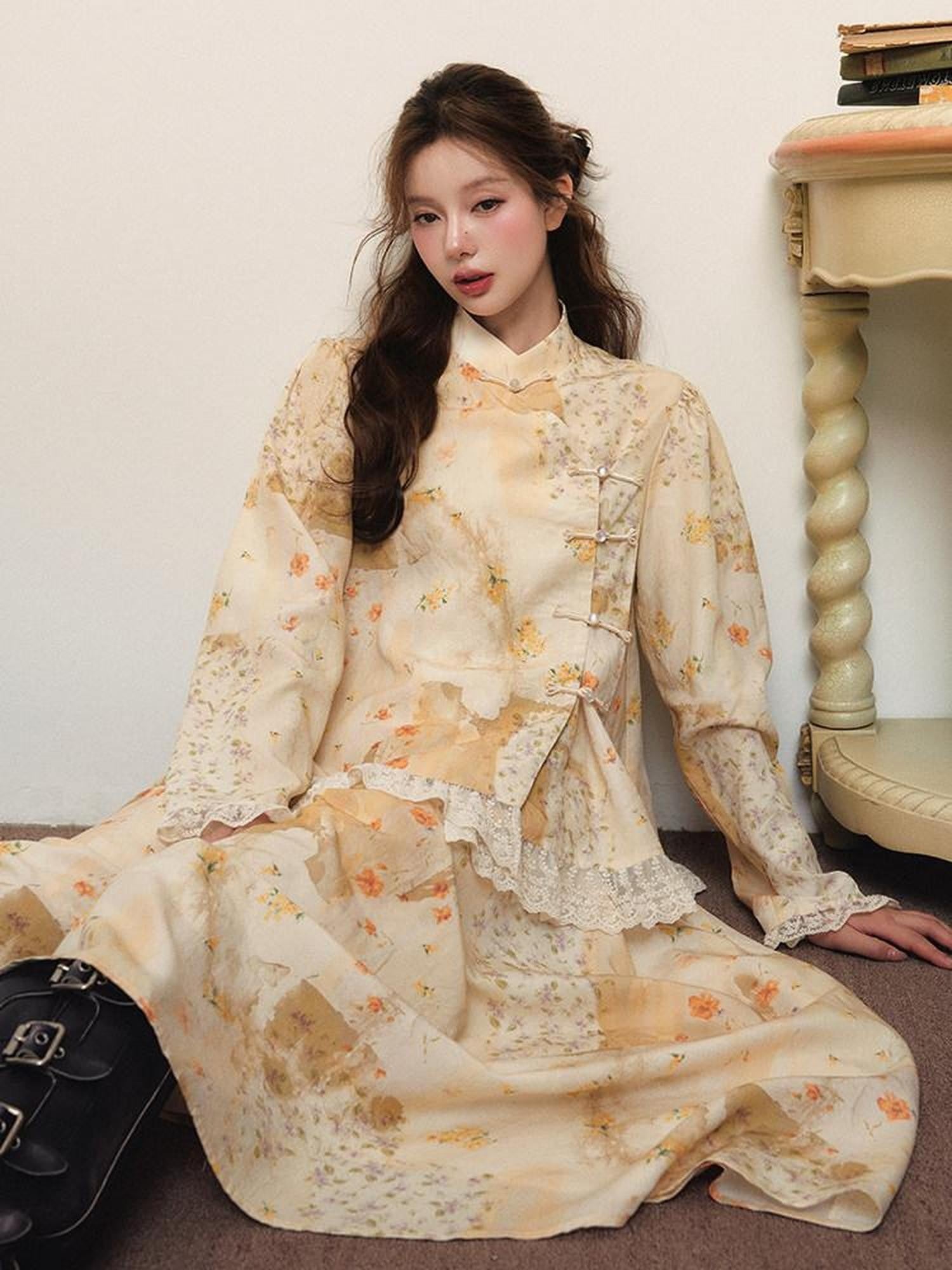 1P STUDIO New Chinese Floral Stand Collar Button Long Sleeve Women&