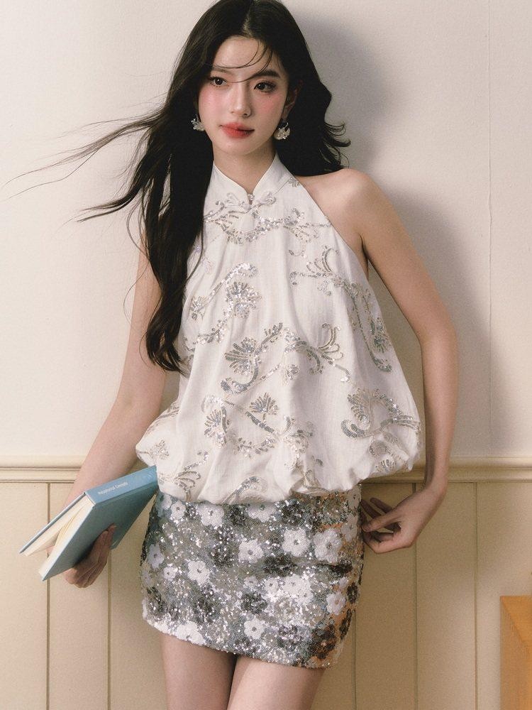 1P STUDIO New Chinese Sequin Floral Tulip Hem Women&