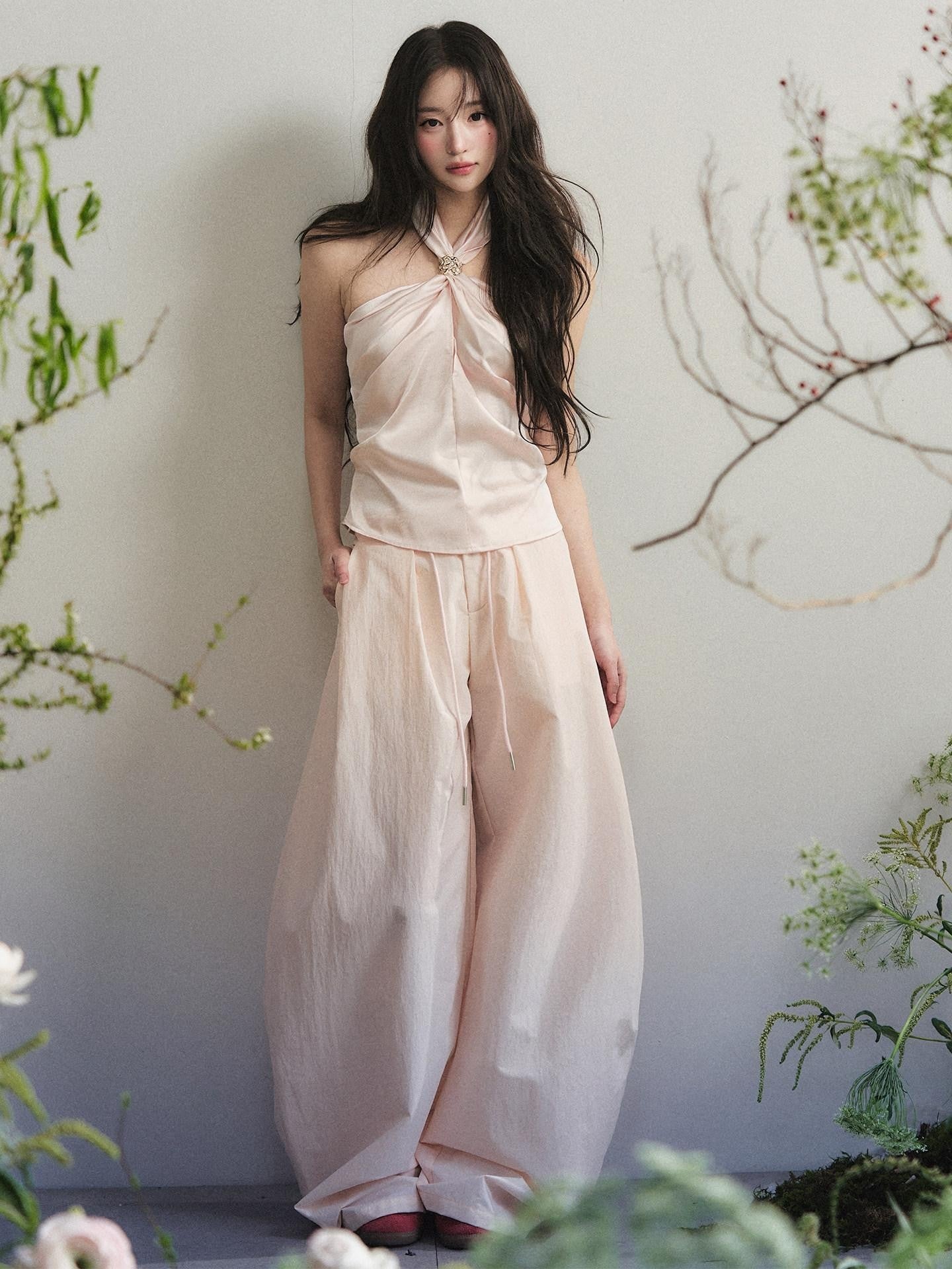 1P STUDIO Nude Pink Knot Halter Satin Wide Leg Women&