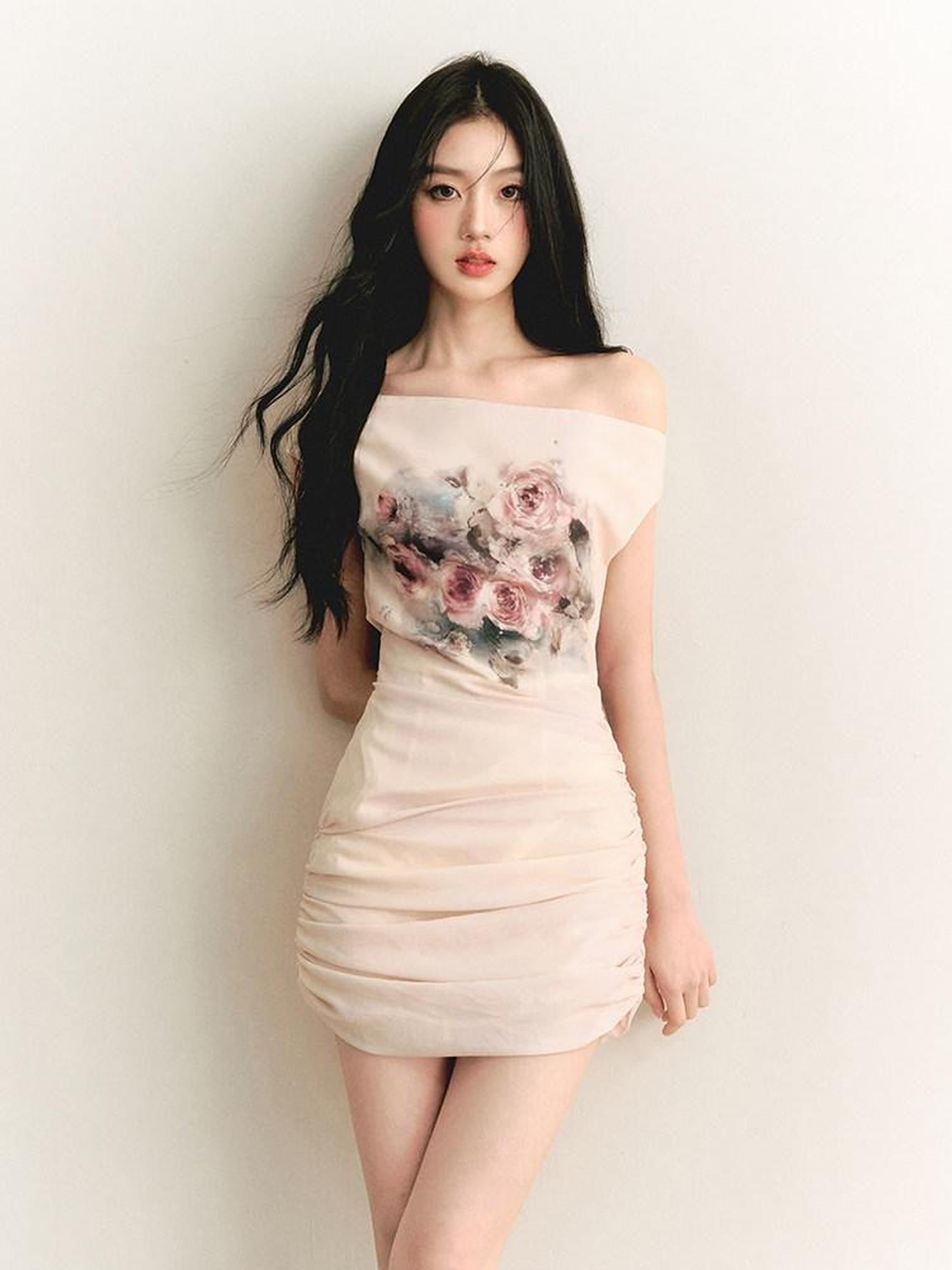 1P STUDIO Oil Painting Rose Print Off Shoulder Ruched Waist Women&