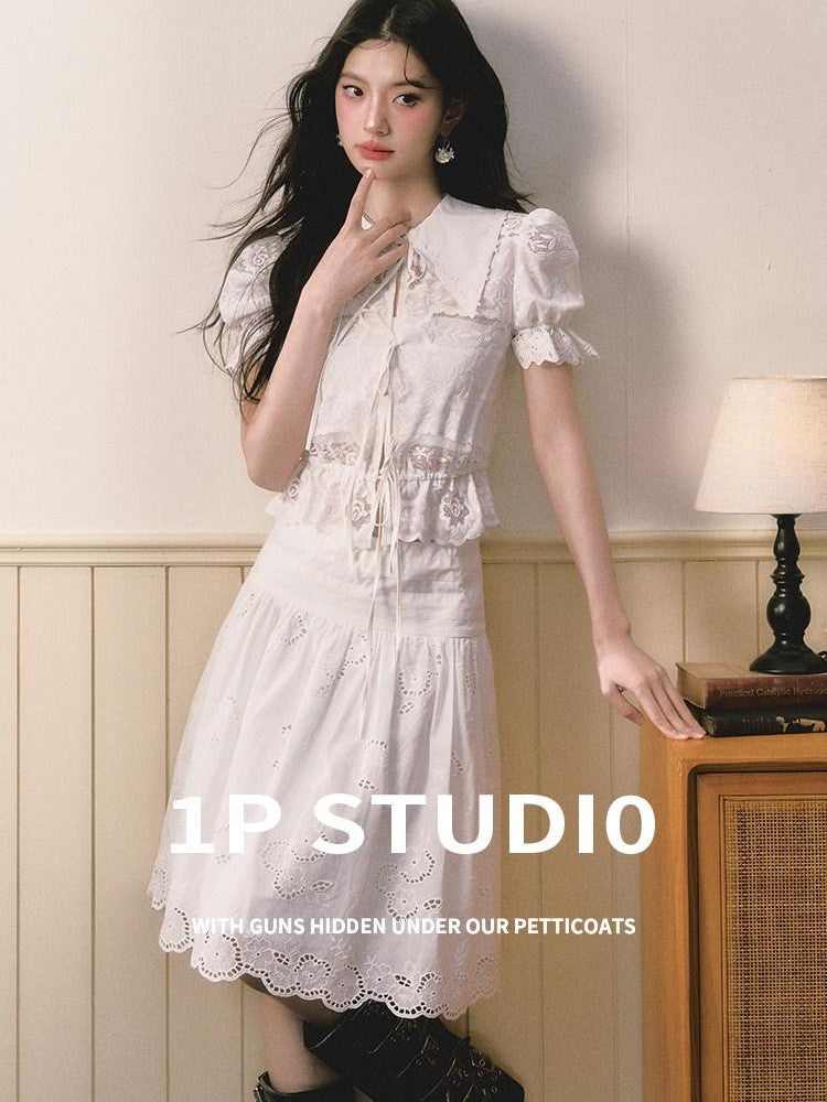 1P STUDIO Openwork Embroidered Puff Sleeve Lace Trim Women&