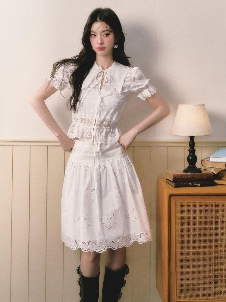 1P STUDIO Openwork Embroidered Puff Sleeve Lace Trim Women&