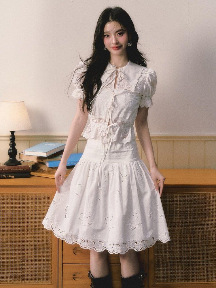 1P STUDIO Openwork Embroidered Puff Sleeve Lace Trim Women&