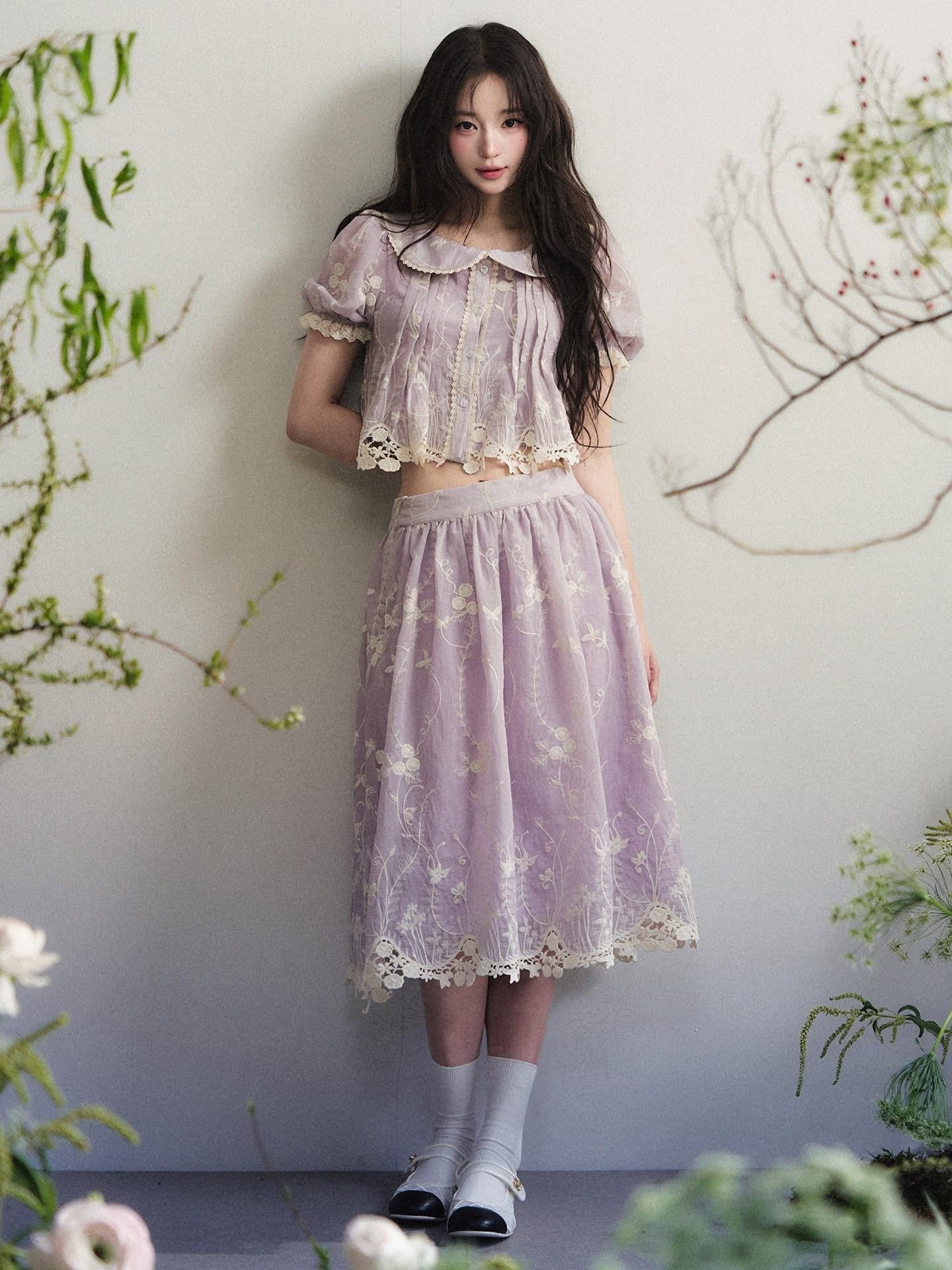 1P STUDIO Pale Lavender Floral Embroidered Doll Collar Midi Women&