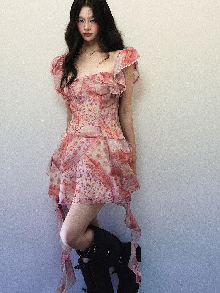 1P STUDIO Pink Check Floral Patchwork Square Neck Ruffle Waist Women&