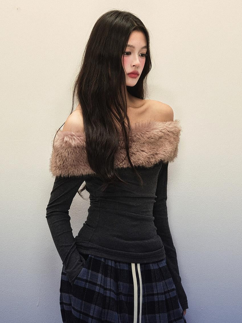 1P STUDIO Pink Fuzzy Detachable Slim Fit One Shoulder Women&
