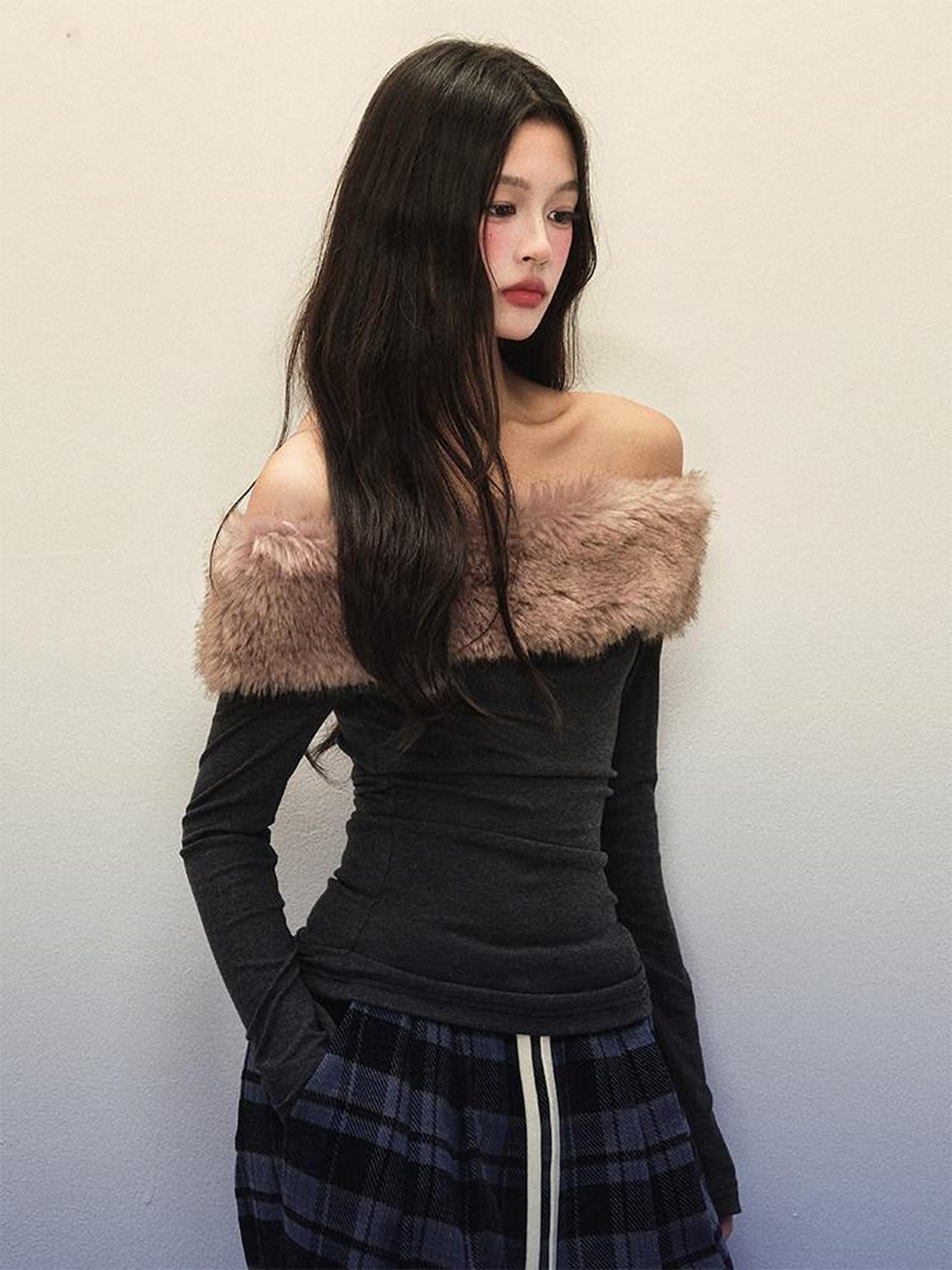 1P STUDIO Pink Fuzzy Detachable Slim Fit One Shoulder Women&