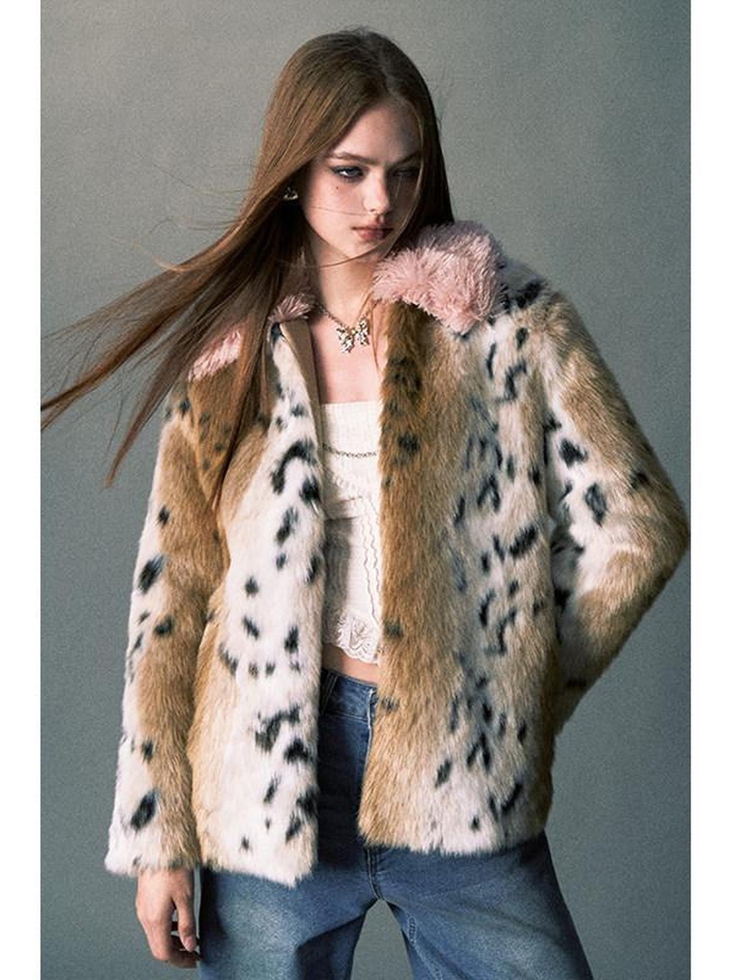 1P STUDIO Pink Leopard Print Fur Collar Oversized Women&