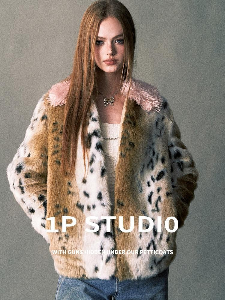 1P STUDIO Pink Leopard Print Fur Collar Oversized Women&