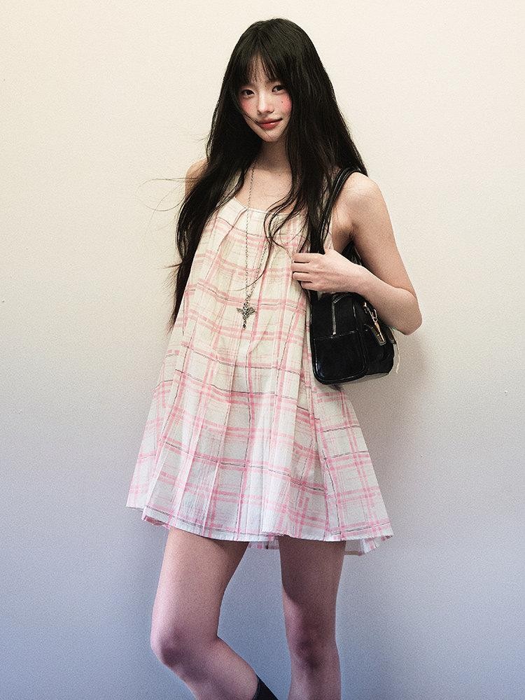 1P STUDIO Pink Plaid Cutout Shoulder Pleated A Line Vest Women&